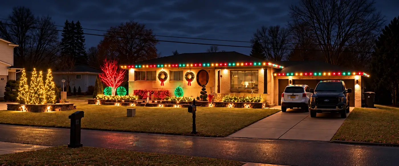 Example mockup: the same home at night with red, green and gold roofline lights, lit trees and wreaths.
