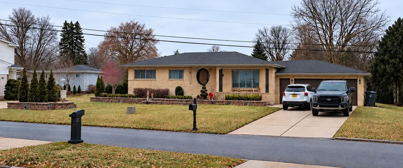 Example mockup: a brick ranch home in daylight with no lights.